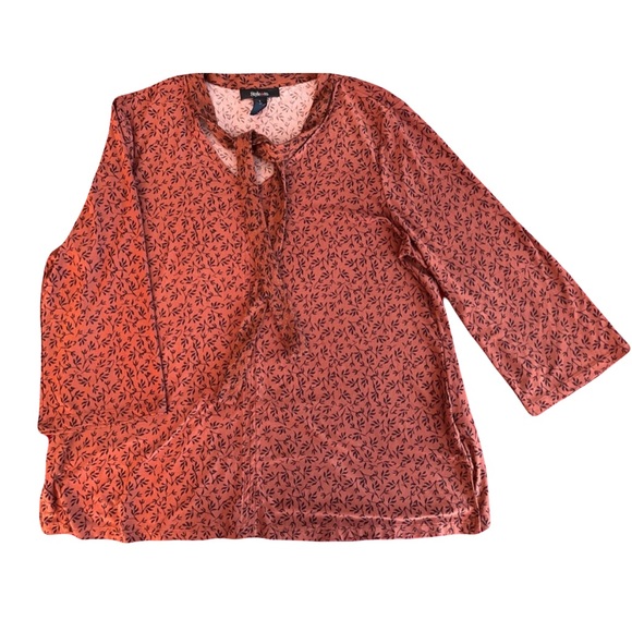 Style & Co Adobe Orange w pattern Peasant Blouse Tie V-Neck ¾ sleeve SzL - Picture 1 of 6